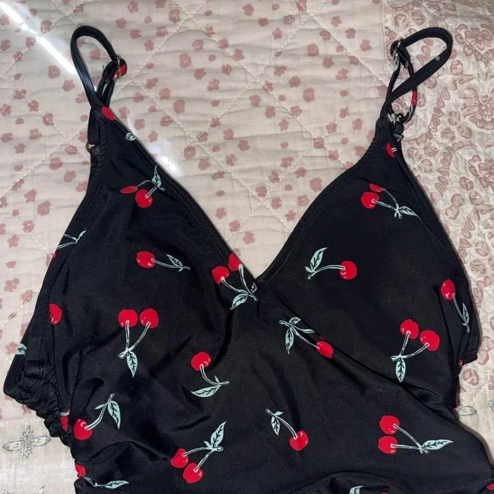 California Sunshine Cherry Print One Piece Swimsuit Ruched Tie Sides Size M
